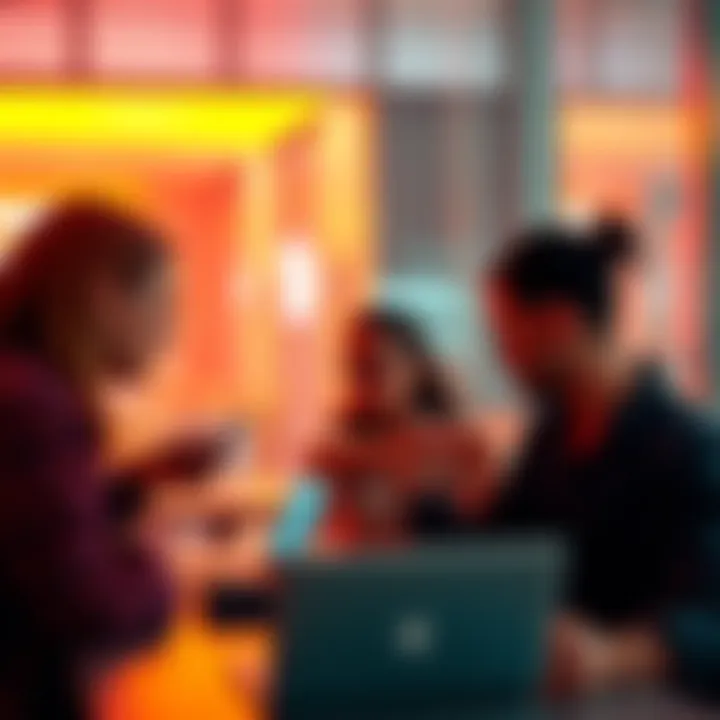 A group of people engaged in a discussion about claims circulating in forums, with laptops and smartphones in hand