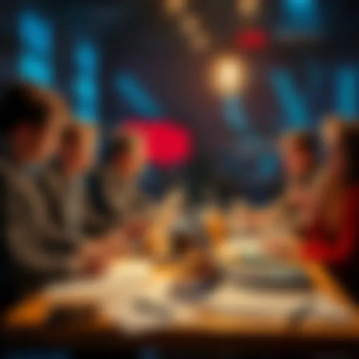 A group of people engaged in conversation about conspiracy theories with laptops and papers on a table