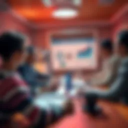 A group of people in a meeting room analyzing charts and graphs related to economic policy changes