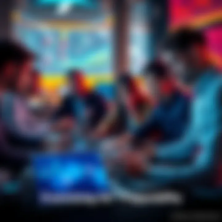 A group of people analyzing data on laptops, engaged in a discussion about the popularity of Gemini AI