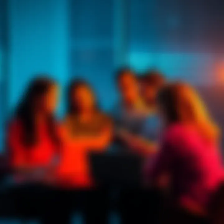 A group of people engaging in a heated discussion about harassment in online forums, with laptops and smartphones in front of them.