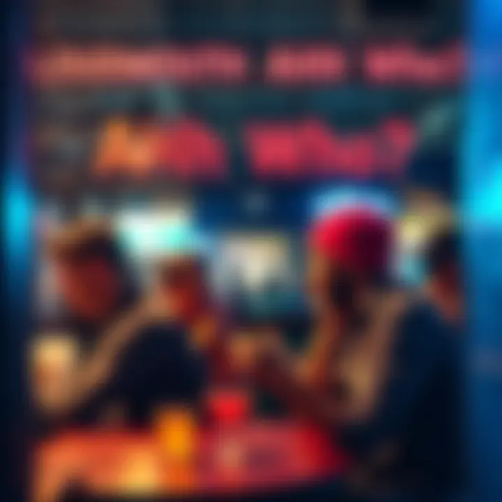 A group of people talking excitedly about the phrase Loudmouth AHH Who? at a café