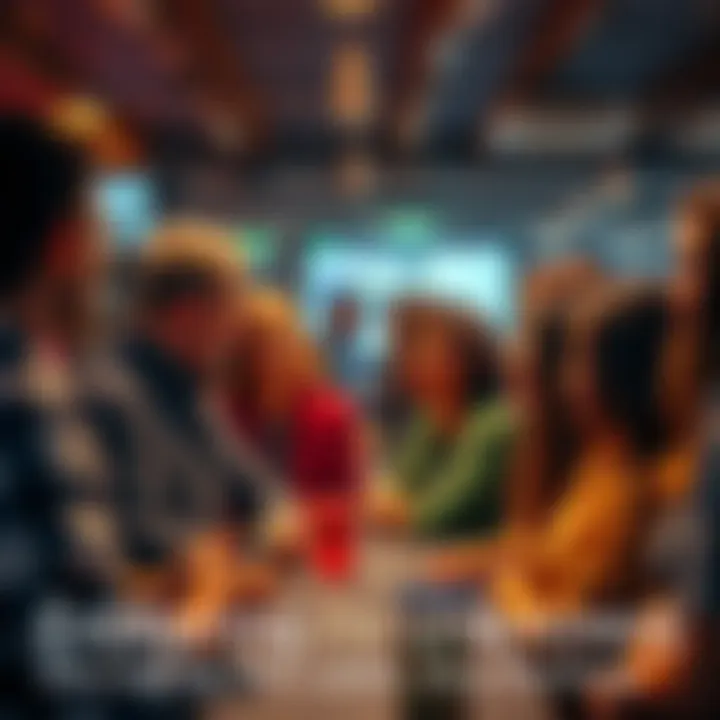 A group of diverse people talking and sharing ideas about recent news in a lively setting.