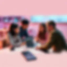 A group of people engaging in a discussion about online forums, with a laptop and smartphones on a table, illustrating the impact of digital conversations.