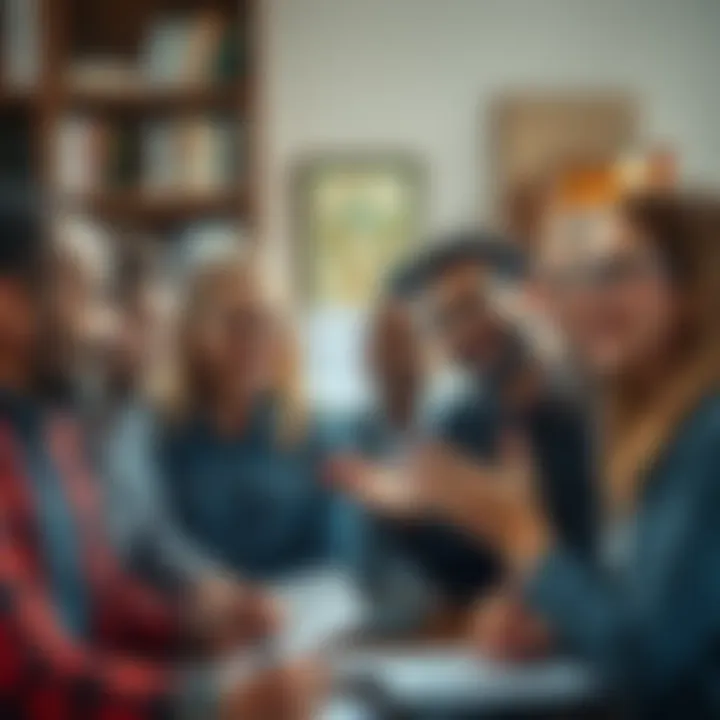 A diverse group of people having an animated conversation, exchanging thoughts on uncommon phrases, with a background of books and notes.