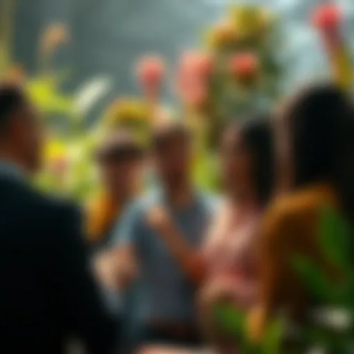A group of people engaging in a lively discussion about plant life, with plants in the background.
