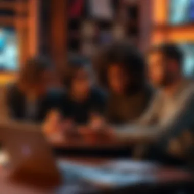 A group of people engaging in discussion about satire on a laptop, showcasing different perspectives on current events.