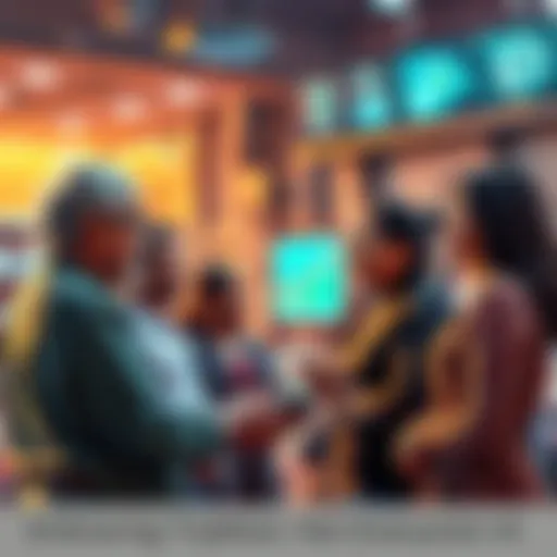 A group of people engaged in a conversation about traditional methods versus AI technology, expressing their preferences, with a backdrop of technology and community