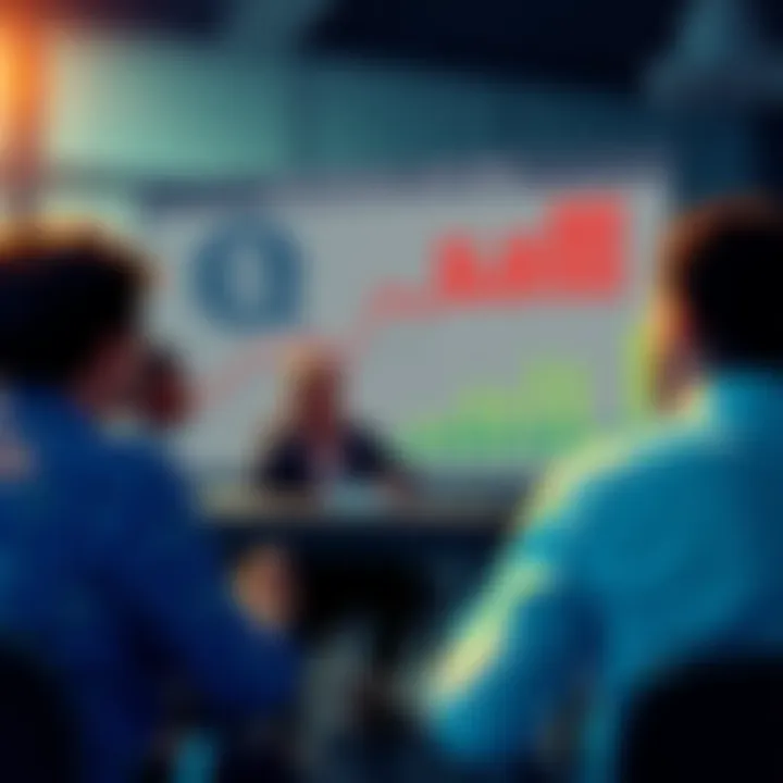 A group of people engaging in a discussion about Universal Basic Income, with charts and graphs in the background showing wealth distribution.