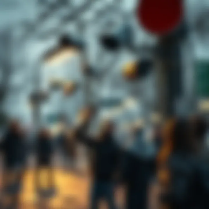 A group of people actively removing Flock surveillance cameras from a post in a public area, showing their protest against surveillance.