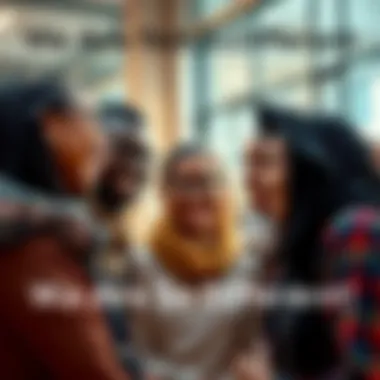 A diverse group of people sharing a moment of friendship, smiling and engaging with each other, representing unity among different backgrounds.