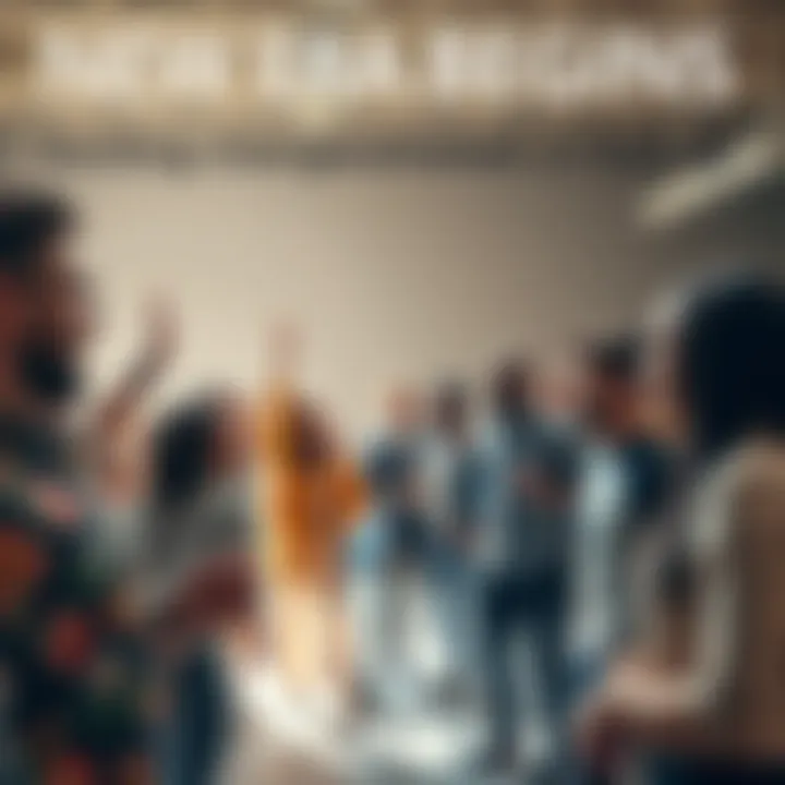 A group of diverse people celebrating and discussing new ideas in a bright, open space.