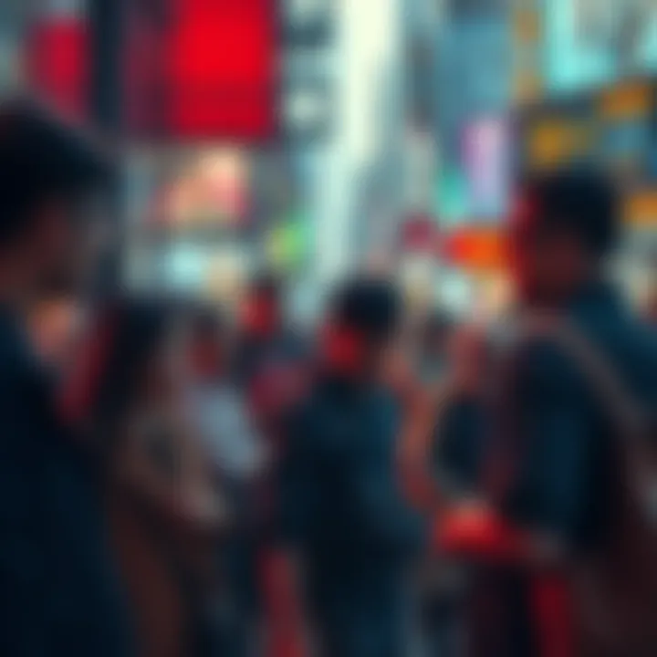 A group of people discussing their daily lives in a busy urban setting, highlighting the dynamics of interactions.