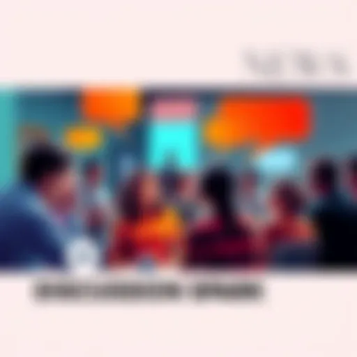 A diverse group of people discussing passionately in an online forum setting, with speech bubbles showing differing opinions.