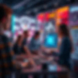 Group of people interacting with various AI development tools and software, discussing advancements and features.