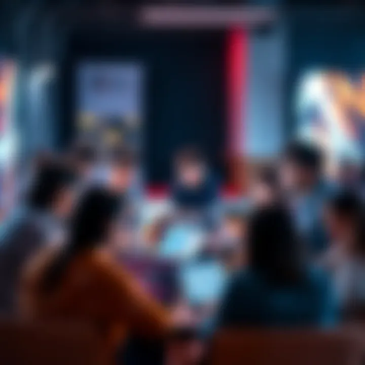 A diverse group of people interacting on laptops and smartphones, sharing ideas and connecting in an online forum setting.