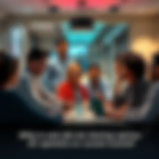 A group of diverse people discussing AI-generated opinions on current events around a table with laptops and tablets.