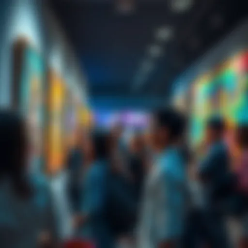 A group of people admiring colorful AI-generated artwork at an art gallery, showing diverse reactions of joy and contemplation.