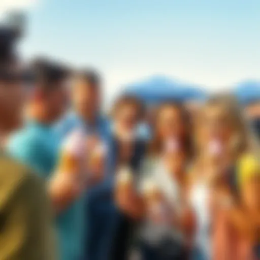 A group of people happily sharing ice cream cones at an outdoor event, promoting kindness and community support.
