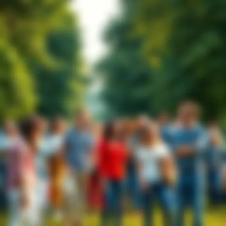 A diverse group of people standing together in a park, sharing smiles and engaging in conversation, fostering a sense of community and unity.