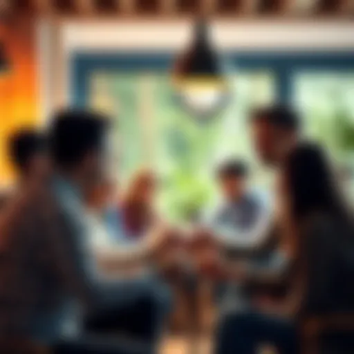 A diverse group of people gathered together, discussing and offering support to one another in a cozy setting.