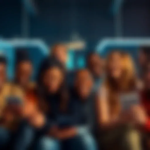 A group of diverse people sharing jokes and laughing while engaging in online conversations on various devices.