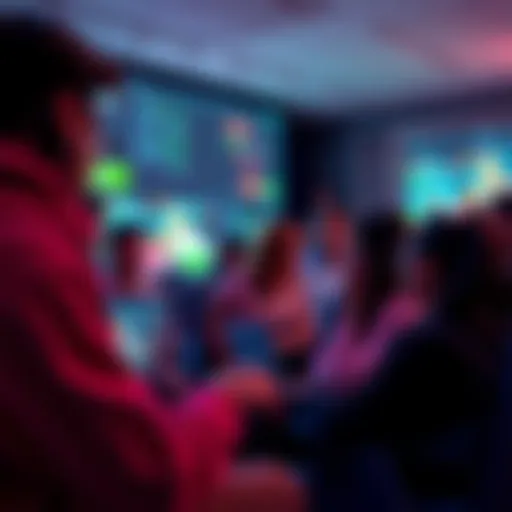 A group of people discussing AI-generated content on their laptops in an online forum setting