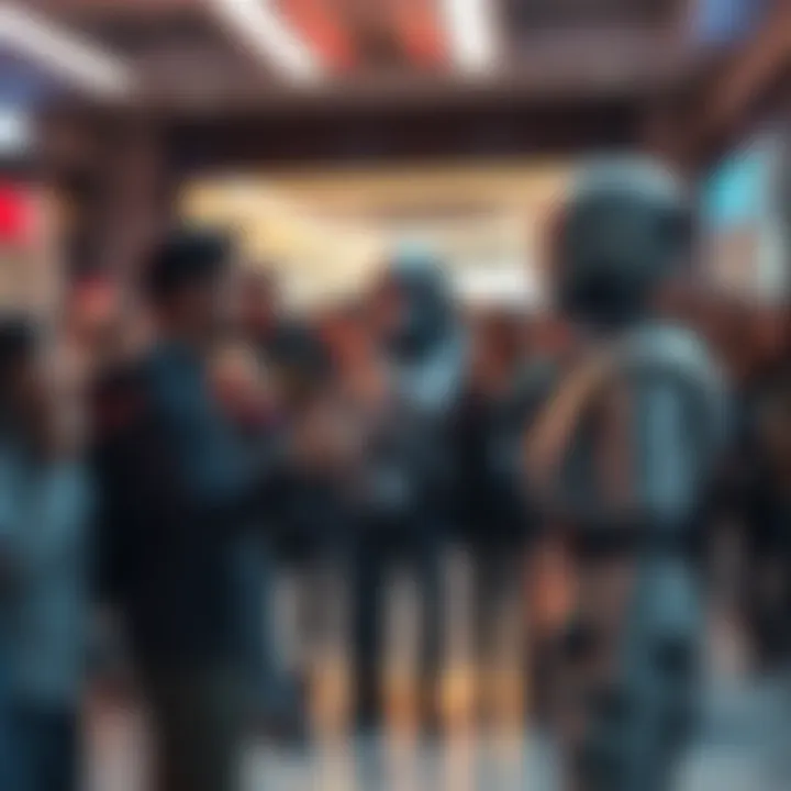 A group of people expressing hostility towards a robot in a public space, showcasing concern over AI technology.