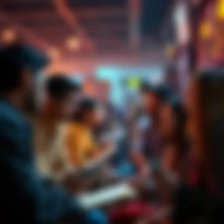 A diverse group of people engaged in storytelling, reflecting on their experiences in a vibrant setting.