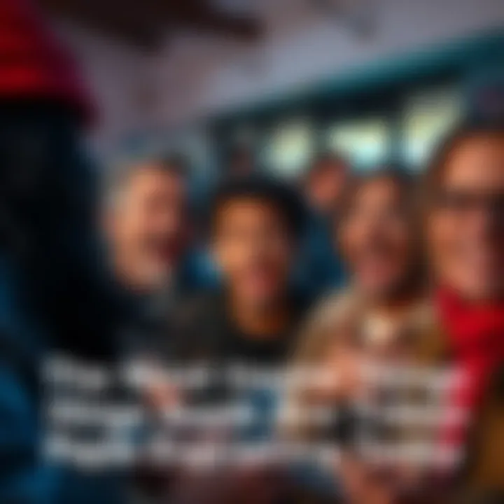 A group of people excitedly sharing stories of outrageous events, with looks of disbelief and amazement on their faces