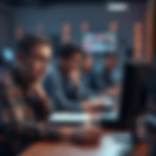 A group of people sitting at desks, looking anxious while working on computers, reflecting confusion and stress from recent policy changes