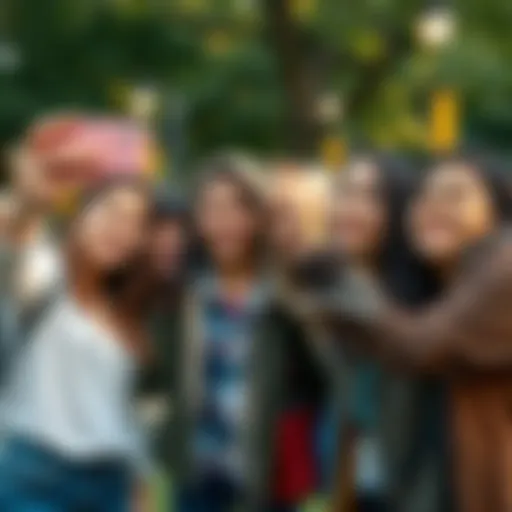 A group of young people taking selfies together in a park, smiling and enjoying their time