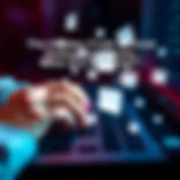 People typing comments online A close-up of hands typing on a keyboard with various comment icons overlayed to represent online interactions
