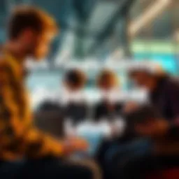 A group of people discussing while using ChatGPT on laptops and tablets, showing a mix of curiosity and concern about technology dependence