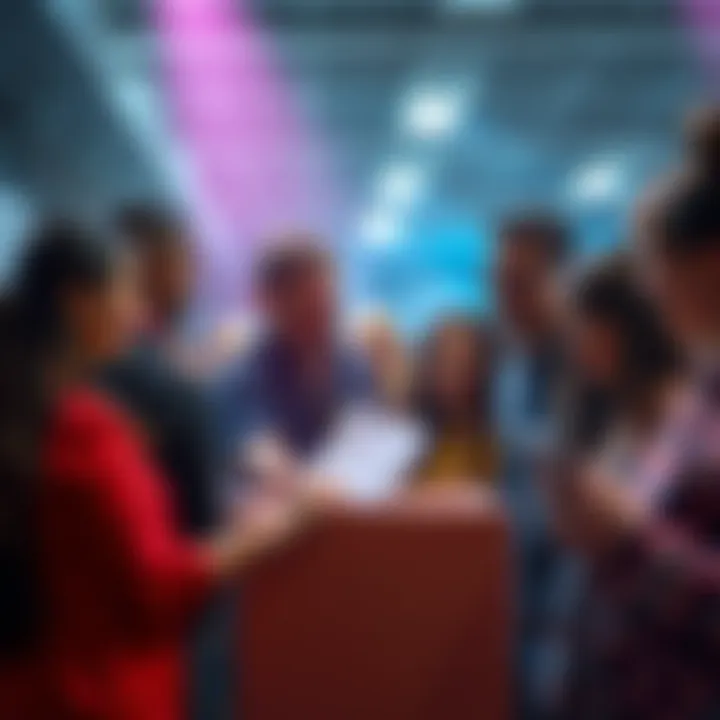 People Voting in a Survey A group of diverse people casting their votes in a survey on three options, showcasing public participation