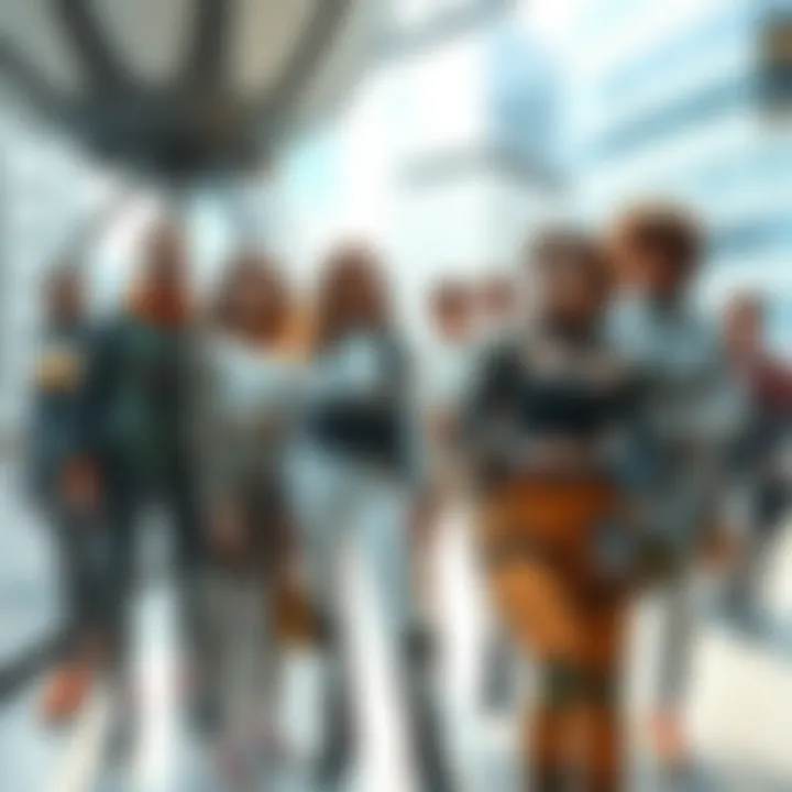 A diverse group of people in futuristic clothing, showcasing subtle changes in appearance and technology integration, standing in a modern urban setting.