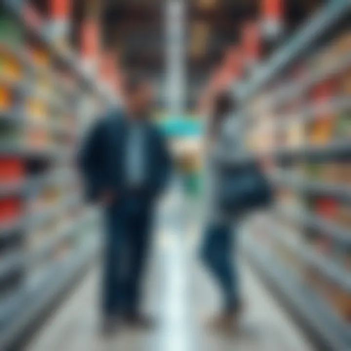 Two shoppers standing awkwardly in a grocery aisle, deep in conversation and blocking the path for others.