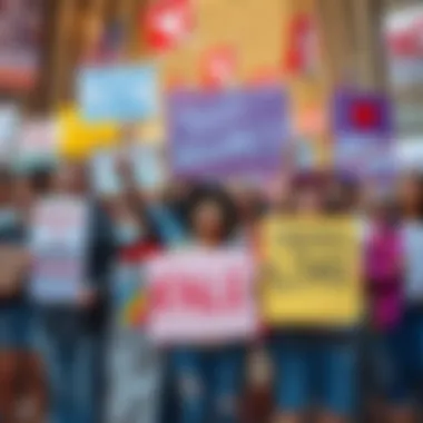 A diverse group of individuals holding signs for various social causes, showing support and engagement in their community.