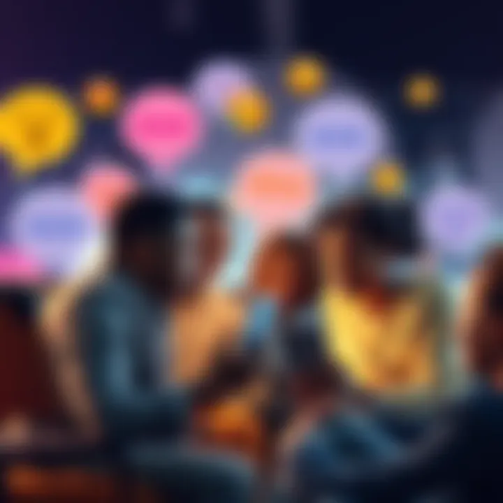A diverse group of people engaged in a lively online discussion with speech bubbles and emojis around them, highlighting out-of-context conversations.