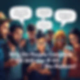 A group of people expressing frustration over their experience with a social media platform, with speech bubbles showing complaints about ads and repetitive content, while still using their devices.