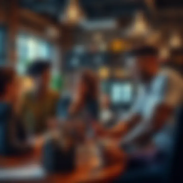 A group of diverse people engaging in conversation, smiling and enjoying each other's company in a cozy coffee shop, surrounded by technology like laptops and smartphones, illustrating genuine interactions in a digital age.