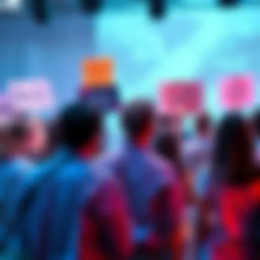 A group of people having a discussion about Anti-AI perspectives, with signs showing support for regulation and opposition to AI technology.