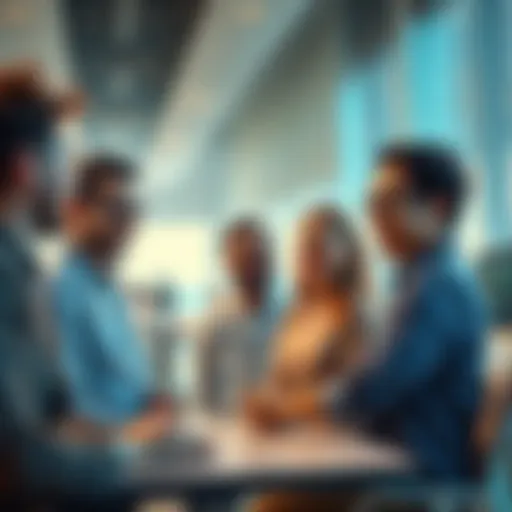 A diverse group of people enthusiastically discussing the benefits of AI technology in a modern office setting, showcasing collaboration and innovation.