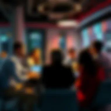 A group of people sitting around a table, engaging in conversations about artificial intelligence and technology trends.