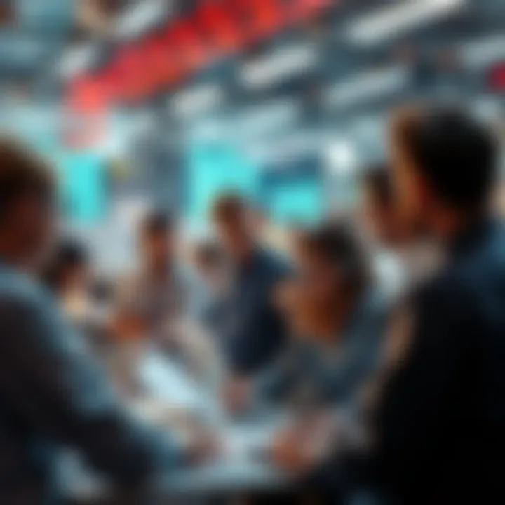 A group of people in a workplace collaborating on projects and discussing the impact of Artificial Superintelligence on jobs and the economy.