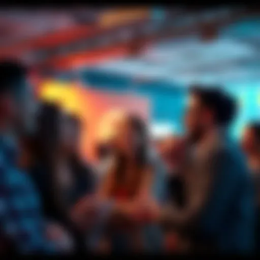 A group of people engaged in a lively discussion about language and humor, some laughing while others are thinking thoughtfully.