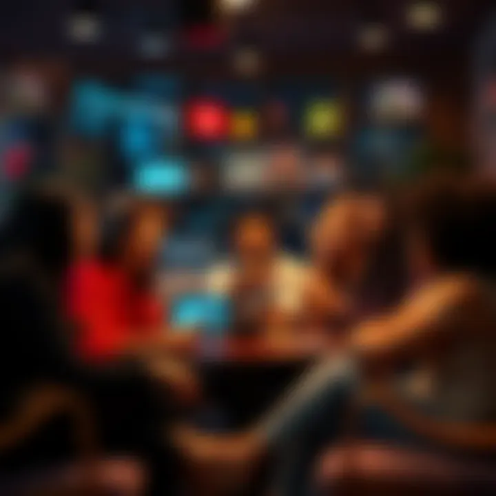 A group of diverse people engaging in a lively discussion about their favorite movies, games, and songs in a cozy setting.