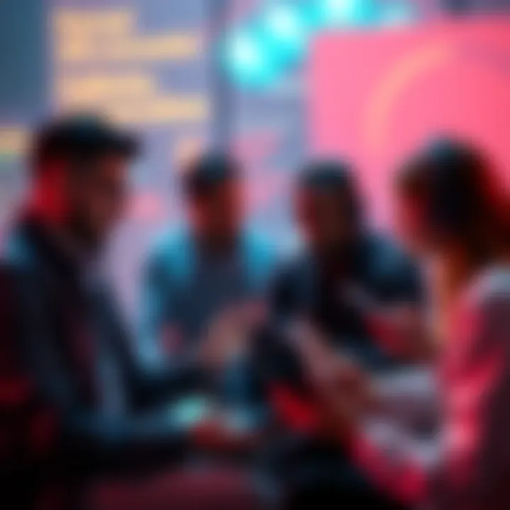 A group of people engaging in a heated online discussion using different devices, representing false flagging and alt accounts in AI debates.