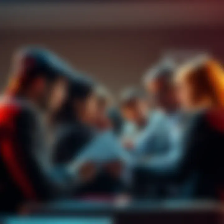 A group of people debating over academic papers and research articles, showing disagreement and frustration.