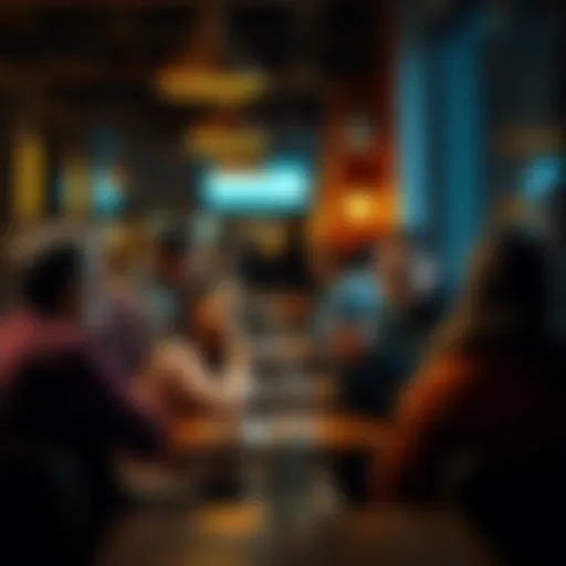 A group of people gathered in a café, discussing current trends and societal behaviors over coffee.